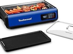 Indoor Smokeless Grill Techwood 1500W Electric Grill with Tempered Glass Lid & LED Smart Control Panel