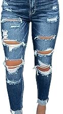 Women's Ripped Mid Waisted Boyfriend Jeans Loose Fit Distressed Stretchy Denim Pants