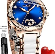 Womens Watches Automatic Self Winding Ladies Rose Gold Diamond Watch Luxury Dress White Ceramic Wrist Watch for Women Love Heart Date