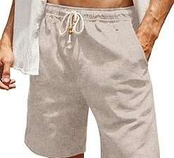 Men's Linen Shorts Casual Elastic Waist Drawstring Summer Beach Shorts