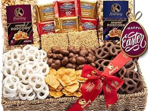 Kremery - Easter Milk Chocolate Covered Pretzels Gift Basket in Reusable Seagrass Tray + Ribbon (Large 3.5 LB) Caramel Popcorn Peanut Brittle Cashews - USA Made